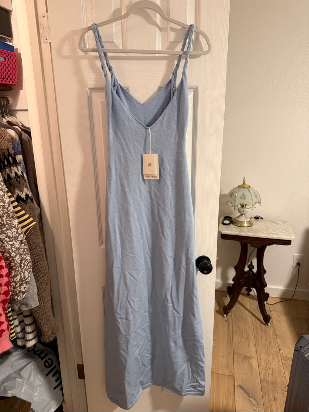 Light Blue Knit Slip Dress with Twisted Straps